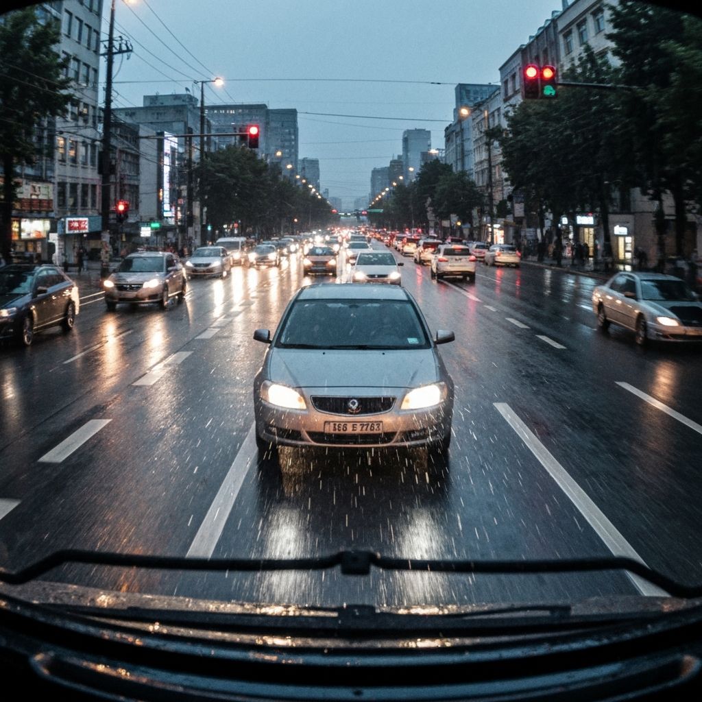 Road view through a windshield